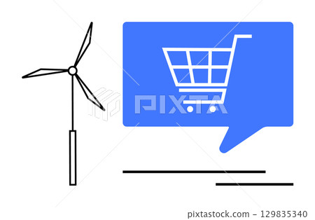 Wind turbine next to a blue speech bubble containing a shopping cart. Ideal for sustainability, green energy, online shopping, technology, e-commerce, renewable resources, environmental awareness Wind turbine next to a blue speech bubble containing a shopping cart. Ideal for sustainability, green energy, online shopping, technology, e-commerce, renewable resources, environmental awareness 129835340