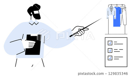 Man holding clipboard and pointing at clothing rack and checklist. Ideal for business presentations, planning, task management, productivity, organization, training, and outfit coordination. Line Man holding clipboard and pointing at clothing rack and checklist. Ideal for business presentations, planning, task management, productivity, organization, training, and outfit coordination. Line 129835346
