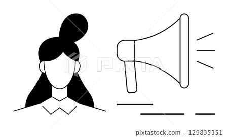 Woman with a bun hair talking loudly into a megaphone, delivering a message. Ideal for marketing, communication strategy, announcements, promotional campaigns, public speaking, advocacy, digital 129835351