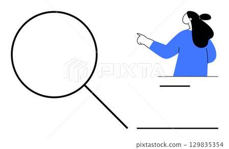Woman pointing right at large magnifying glass. Ideal for exploration, search, discovery, finding information, analysis. Features simple and modern style with bold lines and blue color accents 129835354