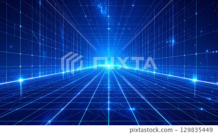 A digital grid corridor that evokes the image of a futuristic city A digital grid corridor that evokes the image of a futuristic city 129835449
