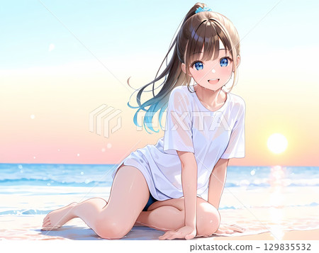 Midsummer beach and girls in school swimsuits 129835532