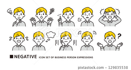 Icon set of negative facial expressions and poses of a young man wearing a dress shirt_Vector 129835538