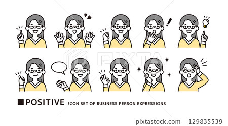 Icon set of positive facial expressions and poses of a young woman wearing glasses_Vector 129835539