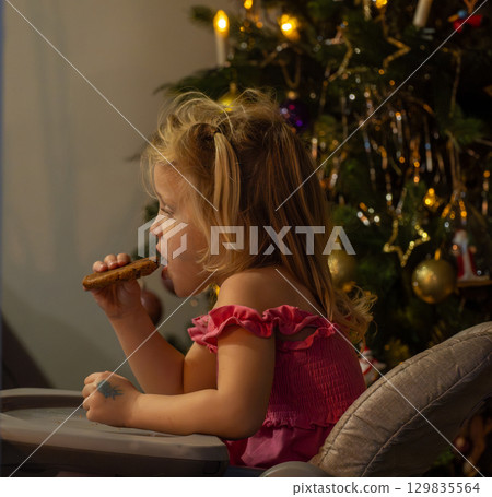 Blond girl wearing holiday attire, nibbling festive cookie while seated in high chair near sparkling Christmas tree with soft glowing lights 129835564