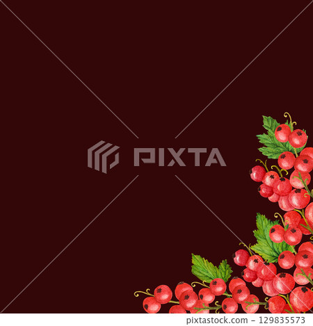 Watercolor frame of red berries current with green leaves. Perfect for designing food and cosmetics packaging,greeting cards Watercolor frame of red berries current with green leaves. Perfect for designing food and cosmetics packaging,greeting cards 129835573