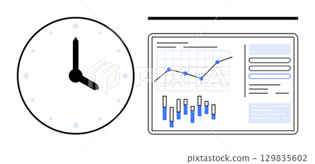 Clock with hour and minute hands beside data analytics dashboard with line and bar charts. Ideal for business analytics, productivity, time tracking, performance monitoring, data analysis, project Clock with hour and minute hands beside data analytics dashboard with line and bar charts. Ideal for business analytics, productivity, time tracking, performance monitoring, data analysis, project 129835602