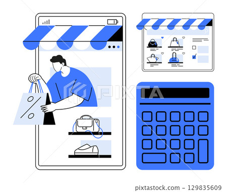 Smartphone user shopping online, showcasing storefront, product listings, and calculator. Ideal for e-commerce, online retail, mobile shopping, digital payments, financial management web stores 129835609