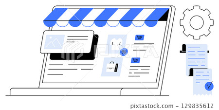 Laptop with online shopping website under an awning, accompanied by gear icon and receipts. Ideal for online stores, e-commerce platforms, digital transactions, retail marketing, receipt management 129835612