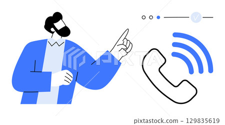 Business professional pointing towards communication icon with phone symbol and signal waves. Ideal for corporate communication, client interaction, call centers, phone support, customer service 129835619