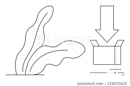 Leaf design next to a box with a downward arrow indicating insertion or download. Ideal for packaging, downloading, software installation, eco-friendly products, content delivery, data transfer 129835620