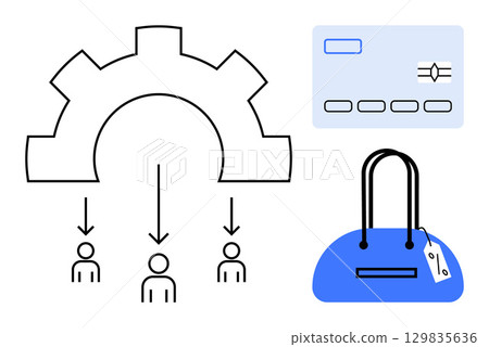 Gear diagram connects three people icons. Credit card for finance and shopping. Blue handbag with price tag. Ideal for business processes, team structure, financial transactions, ecommerce, shopping 129835636