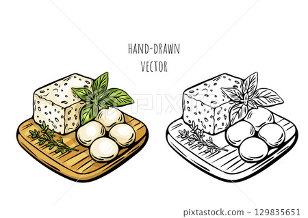 Mediterranean sketch cheese plate with herbs and mozzarella 129835651