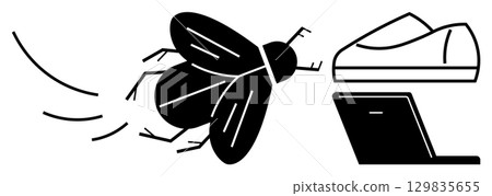 Fly buzzing around modern flat shoes and a laptop. Themes distractions, workspace, productivity issues, nature disrupting work, insect inconvenience, focus challenges, work environment dynamics. Line Fly buzzing around modern flat shoes and a laptop. Themes distractions, workspace, productivity issues, nature disrupting work, insect inconvenience, focus challenges, work environment dynamics. Line 129835655