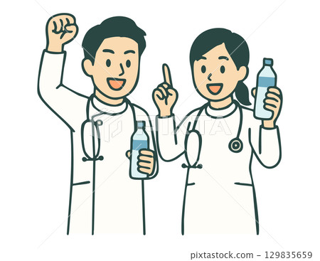 一位男護士和一位女護士呼籲補充水分的插圖 一位男護士和一位女護士呼籲補充水分的插圖 129835659