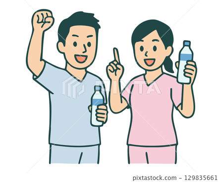 Illustration of a male and female nurse calling for hydration 129835661