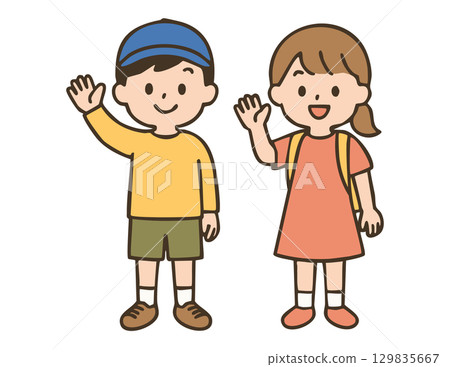 Boys and girls greeting each other cheerfully and going to school 129835667