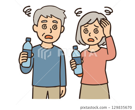 Senior men and women who are dizzy due to dehydration and lack of water Senior men and women who are dizzy due to dehydration and lack of water 129835670