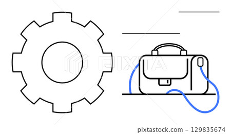 Gear icon denotes settings and configurations, while adjacent briefcase symbolizes business and project management. Ideal for business, productivity, management, startups, workplace, technology 129835674
