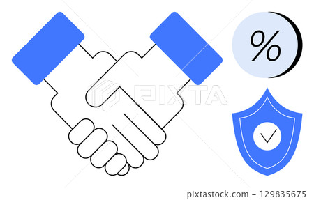 Business handshake representing partnership and agreement with percentage sign and shield with checkmark for security. Ideal for business deals, finance, trust, collaboration, protection, agreement 129835675