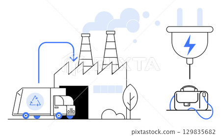 Factory with recycling truck unloading materials, smoke stacks, electric plug connected to a device. Ideal for sustainability, recycling, waste management, industrial processes, clean energy Factory with recycling truck unloading materials, smoke stacks, electric plug connected to a device. Ideal for sustainability, recycling, waste management, industrial processes, clean energy 129835682