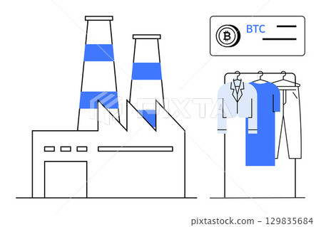 Factory with two smoking chimneys, alongside a rack of clothes indicating retail operation and a Bitcoin BTC payment symbol. Ideal for industry, retail, technology, cryptocurrency, ecommerce, modern Factory with two smoking chimneys, alongside a rack of clothes indicating retail operation and a Bitcoin BTC payment symbol. Ideal for industry, retail, technology, cryptocurrency, ecommerce, modern 129835684