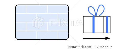 Gift box tied with blue ribbon moving past a simplified brick wall. Ideal for delivery services, overcoming challenges, problem-solving, teamwork, innovation, logistics, and celebrations. Line Gift box tied with blue ribbon moving past a simplified brick wall. Ideal for delivery services, overcoming challenges, problem-solving, teamwork, innovation, logistics, and celebrations. Line 129835686