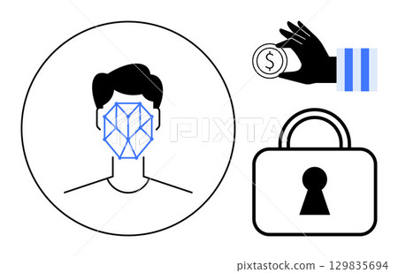 Facial recognition scanning a users face, hand holding a coin, and a security lock. Ideal for security, biometrics, finance, identity verification, online transactions cybersecurity privacy. Line Facial recognition scanning a users face, hand holding a coin, and a security lock. Ideal for security, biometrics, finance, identity verification, online transactions cybersecurity privacy. Line 129835694