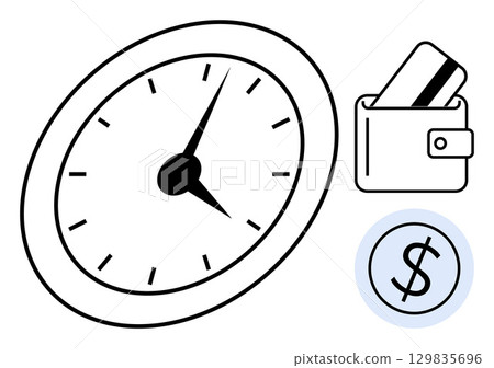 Clock with black minute and hour hands, wallet containing cards and dollar sign circle. Ideal for time management, financial planning, budgeting, savings tracking, expense monitoring, efficiency Clock with black minute and hour hands, wallet containing cards and dollar sign circle. Ideal for time management, financial planning, budgeting, savings tracking, expense monitoring, efficiency 129835696