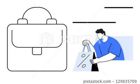 Man carrying shopping bags with percentage sign next to a detailed business briefcase icon. Ideal for retail, shopping, sales, promotions, business, marketing, and commerce concepts. Line metaphor Man carrying shopping bags with percentage sign next to a detailed business briefcase icon. Ideal for retail, shopping, sales, promotions, business, marketing, and commerce concepts. Line metaphor 129835709
