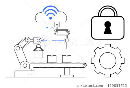Robotic arm on assembly line connected to cloud with wireless signals, lock symbol, gear. Ideal for manufacturing, robotics, IoT, cybersecurity, automation, smart factories technology presentations 129835713