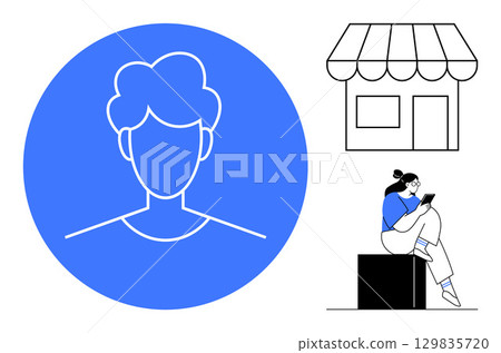 User profile inside a blue circle, storefront illustration, woman sitting with smartphone. Ideal for online identity, e-commerce, small business, social media, tech-themed designs, user interface User profile inside a blue circle, storefront illustration, woman sitting with smartphone. Ideal for online identity, e-commerce, small business, social media, tech-themed designs, user interface 129835720