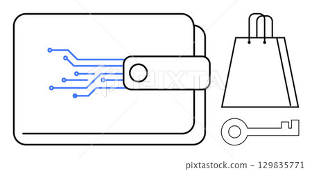Digital wallet with circuit pattern, shopping bag, and key emphasizing secure and seamless e-commerce. Ideal for online shopping, fintech, cybersecurity, digital payments, retail, personal finance Digital wallet with circuit pattern, shopping bag, and key emphasizing secure and seamless e-commerce. Ideal for online shopping, fintech, cybersecurity, digital payments, retail, personal finance 129835771