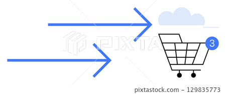 Three arrows point toward a shopping cart with a 3 badge and a cloud. Ideal for online shopping, ecommerce, cloud integration, digital transactions, data transfer, connectivity, internet services 129835773