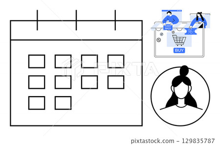 Calendar with date boxes, user profile with a bun hairstyle, e-commerce interface with people around a shopping cart and Buy button. Ideal for business planning, scheduling, e-commerce, time 129835787