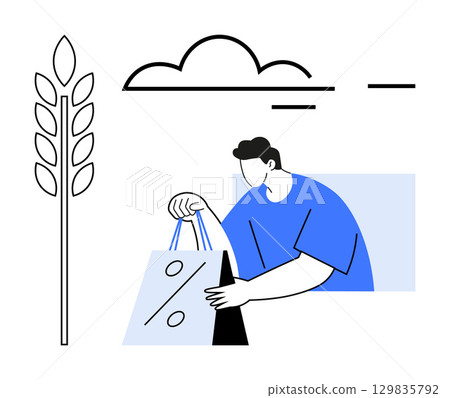 Male figure holding a discount shopping bag, outlined wheat stalk, and a stylized cloud. Ideal for retail, agriculture, eco-friendly shopping, nature conservation, seasonal sales, outdoor markets 129835792