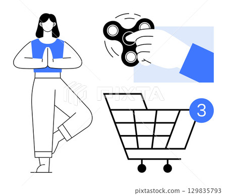 Female figure practicing yoga, hand spinning a fidget toy, shopping cart icon with notification. Ideal for wellness apps, e-commerce, stress relief, fitness, productivity, lifestyle mental health Female figure practicing yoga, hand spinning a fidget toy, shopping cart icon with notification. Ideal for wellness apps, e-commerce, stress relief, fitness, productivity, lifestyle mental health 129835793