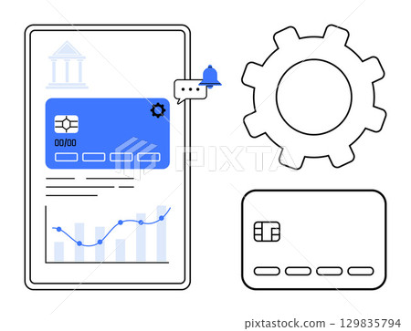 Mobile banking app interface displaying a credit card, notification, settings gear, and financial graph. Ideal for financial management, mobile banking, notifications, settings, data analytics Mobile banking app interface displaying a credit card, notification, settings gear, and financial graph. Ideal for financial management, mobile banking, notifications, settings, data analytics 129835794