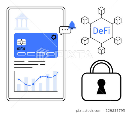 Mobile device screen with financial card, notification bell, DeFi icon, chart, and security lock. Ideal for fintech, digital banking, cryptocurrency, blockchain financial security DeFi investment Mobile device screen with financial card, notification bell, DeFi icon, chart, and security lock. Ideal for fintech, digital banking, cryptocurrency, blockchain financial security DeFi investment 129835795