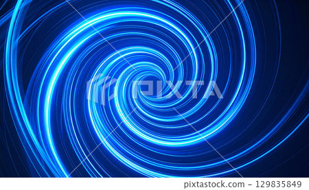 A fantastic space with a rotating vortex of blue light 129835849
