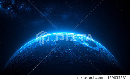 漂浮在太空中的藍色星球的地平線 漂浮在太空中的藍色星球的地平線 129835881