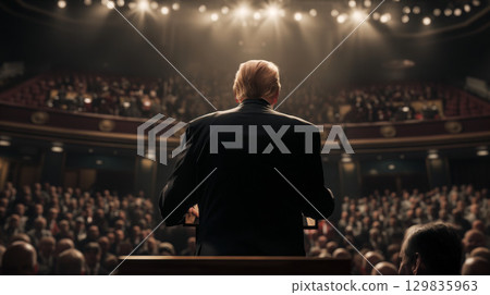 Back view of a man giving a speech at a lecture and a packed audience 129835963