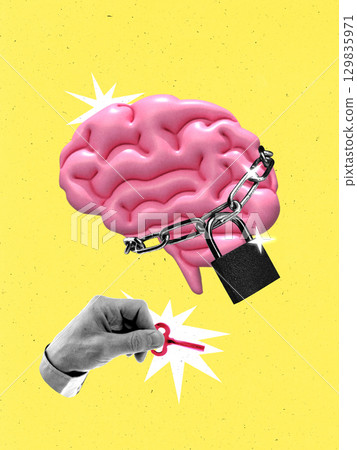 Surreal collage art. Human brain locked with chain and padlock with hand holding key 129835971