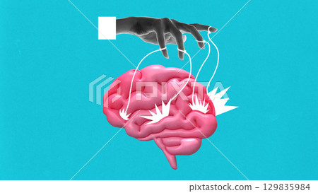 Digital artwork. Hand manipulating human brain with puppet strings concept of mind control Digital artwork. Hand manipulating human brain with puppet strings concept of mind control 129835984
