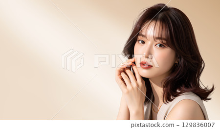 Beautiful portrait of a cute adult woman with medium hair 129836007