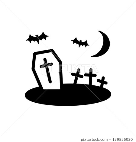萬聖節墓地圖示 - 萬聖節墓地場景圖示（棺材，蝙蝠， 129836020