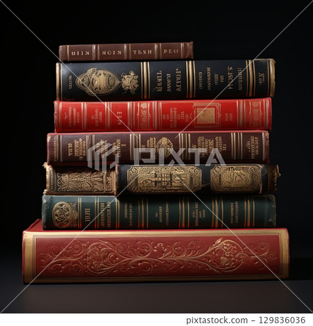 Stack of Antique Leather Bound Books with Gilded Lettering for Home Library Decor 129836036