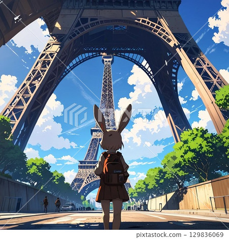 兔子仰望艾菲爾鐵塔 兔子仰望艾菲爾鐵塔 129836069
