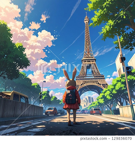兔子仰望艾菲爾鐵塔 129836070