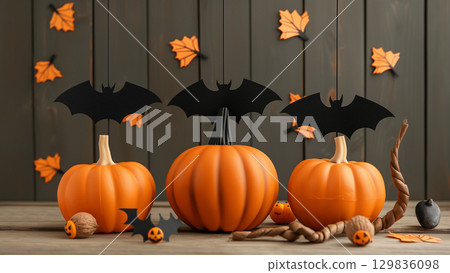 Festive Halloween DIY Pumpkins surrounded by autumn leaves and paper bats, The background provides a simple backdrop Festive Halloween DIY Pumpkins surrounded by autumn leaves and paper bats, The background provides a simple backdrop 129836098